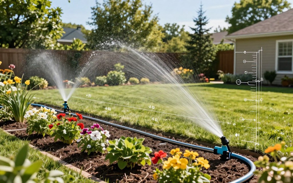A detailed yard irrigation installation plan, showcasing both drip and sprinkler systems. In the foreground, a colorful garden bed with plants in full bloom, illustrating proper water placement. In the middle, a scale drawing of the yard with marked irrigation lines, showcasing the placement of drip hoses, sprinklers, and valves, with dimensions indicating distances. The background features a well-maintained lawn and trees, under a clear blue sky. The lighting is bright and natural, casting soft shadows to enhance depth. The overall atmosphere is calm and organized, conveying a sense of efficiency in planning for optimal water use. Capture the intricate details of the irrigation components, emphasizing functionality and design without any text or watermarks.