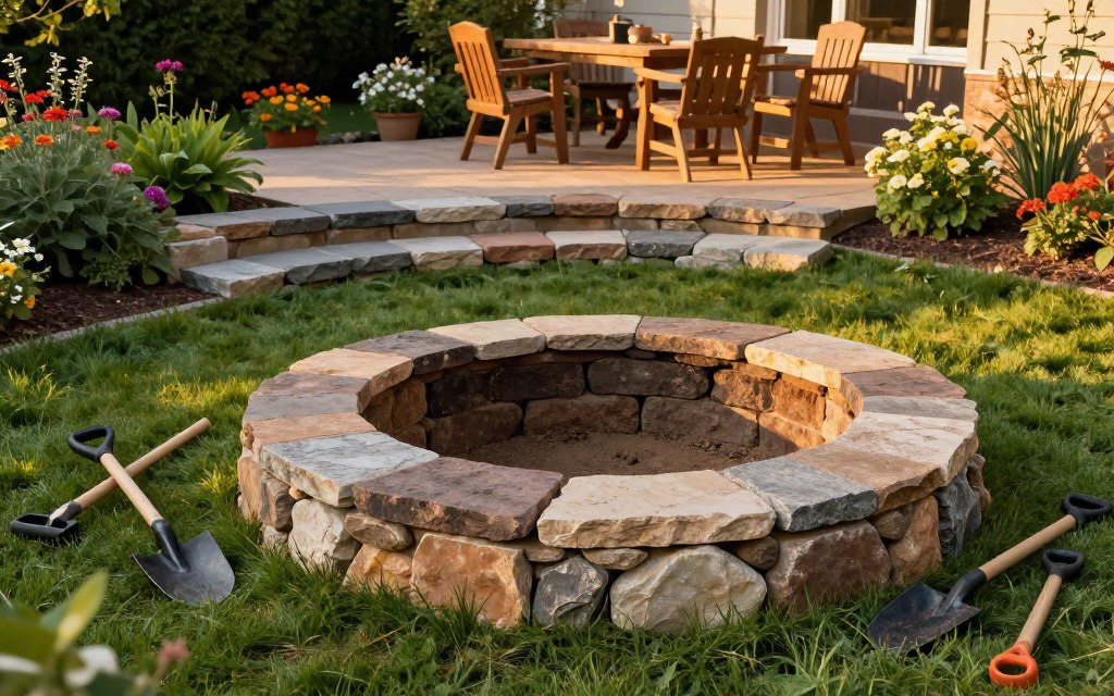 A picturesque backyard scene featuring a DIY block fire pit under development. In the foreground, a partially constructed circular fire pit made of various-sized stone blocks rests on a patch of well-tended grass. Tools like a shovel and a trowel are scattered nearby, adding a touch of realism. In the middle ground, a few completed rows of stones contrast with the exposed earth, hinting at the step-by-step process. The background showcases a cozy patio area with rustic wooden furniture, surrounded by colorful flower beds and lush greenery, bathed in warm, golden hour sunlight casting soft shadows. The mood is inviting and tranquil, perfect for outdoor gatherings in the evening. The perspective is slightly elevated, capturing the essence of DIY work in a vibrant, lively atmosphere.