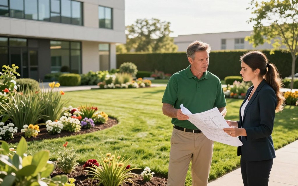 A professional landscaping contractor surveying a commercial property landscape in broad daylight. In the foreground, the contractor, a middle-aged Caucasian man dressed in a smart green polo and khaki pants, appears focused while discussing plans with a young woman in a professional outfit, holding landscape design blueprints. The middle ground features a beautifully manicured lawn with diverse plantings, pristine flower beds, and neatly trimmed hedges. In the background, a modern office building contrasts with the vibrant greenery. The scene is illuminated by warm sunlight, casting soft shadows to create a welcoming atmosphere. The photo is taken from a slightly elevated angle to provide a comprehensive view of the property.