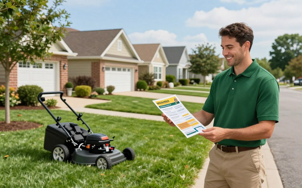 A professional lawn care marketing scene in a suburban neighborhood. In the foreground, a smiling lawn care professional in a green polo shirt and khakis confidently hands out vibrant flyers to interested homeowners. In the middle, manicured lawns stretch across each property, showcasing lush grass and neat edges, while modern lawn care equipment is subtly placed nearby. The background features charming residential houses with well-kept gardens and trees, under a clear blue sky. Soft natural lighting adds an inviting warmth to the scene, enhancing the community feel. The mood is optimistic and friendly, capturing the spirit of local business engagement and visibility. The angle is slightly elevated, giving a wide view of the neighborhood dynamics.