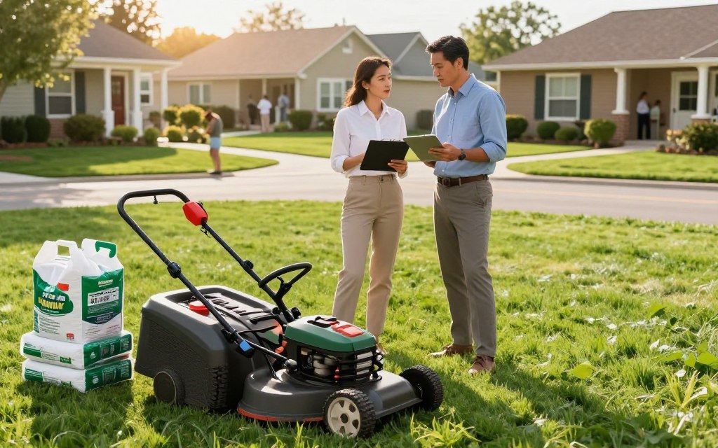 A professional lawn care service setup in a suburban neighborhood. In the foreground, a neatly arranged display of lawn care equipment like mowers, trimmers, and bags of fertilizer, all glistening under the afternoon sun. In the middle ground, two business professionals in casual but polished attire inspecting a vibrant, green lawn, discussing growth strategies while holding a clipboard and tablet. They appear engaged and focused. The background features well-manicured lawns of different styles, showcasing various business models (residential, commercial), with a few customers observing from their porches. The lighting is warm and inviting, creating a positive atmosphere that emphasizes growth and opportunity in the lawn care industry.