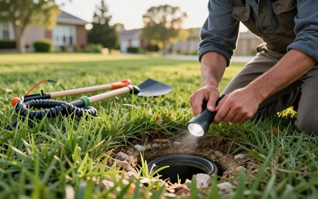 A professional yard drainage inspector in smart casual clothing is kneeling on a lush green lawn, examining a drainage pipe with a flashlight. In the foreground, a detailed close-up of the inspector’s hands holding the flashlight, illuminating the pipe's entrance that is partially obscured by overgrown grass and small rocks. In the middle ground, several tools such as a drainage snake and shovel are arranged neatly, suggesting an ongoing inspection process. In the background, a suburban house and trees provide context, while soft afternoon sunlight filters through the leaves, casting gentle shadows. The overall mood is focused and methodical, reflecting the seriousness of identifying yard drainage issues.