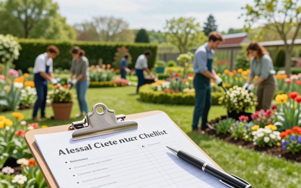 A seasonal landscape maintenance checklist displayed prominently on a wooden clipboard in a lush, well-maintained commercial garden. In the foreground, a close-up of the clipboard features bullet points outlining tasks for spring, summer, fall, and winter, with a pen resting beside it. In the middle ground, a diverse team of professionals in smart casual attire, including both men and women, are actively engaged in landscaping activities, such as planting flowers and trimming hedges. The background showcases a vibrant garden with colorful blooms, manicured lawns, and healthy trees under a bright, sunny sky, creating a cheerful and productive atmosphere. Soft, natural lighting brings warmth to the scene, highlighting the greenery and the team’s focused expressions.