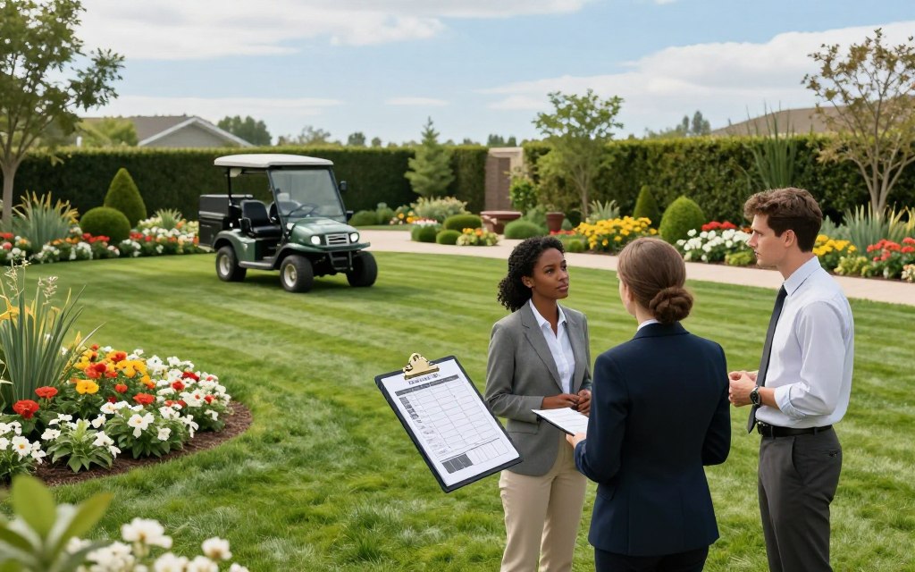 A serene and organized outdoor landscape showcasing a professional lawn maintenance meeting in progress. In the foreground, a diverse group of three individuals in smart business attire are engaged in a conversation, surrounded by neatly maintained lawns and beautiful flower beds. The middle ground features a clipboard with a detailed schedule and a calendar, symbolizing reliable scheduling and communication. In the background, a lawn care vehicle is parked next to a well-manicured garden, with clear blue skies providing soft, natural lighting. The atmosphere is calm and professional, reflecting trust and reliability in the landscaping service. Use a wide-angle lens to capture the sense of space and organization.