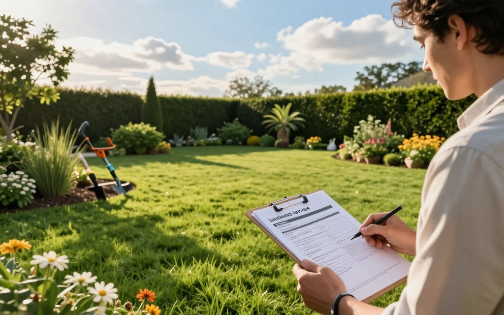 A serene landscape scene set in a vibrant, sprawling green lawn, showcasing an outdoor workspace with neatly arranged garden tools and a clipboard featuring a detailed landscape service proposal. In the foreground, a professional-looking individual in smart casual attire examines the proposal closely, surrounded by blooming flowers and well-manicured hedges. In the middle ground, a variety of healthy shrubs and decorative plants enhance the lushness of the lawn, while in the background, a clear blue sky with soft, fluffy clouds creates a tranquil atmosphere. The lighting is warm and inviting, suggesting a late afternoon sun casting gentle shadows, with a slight focus on the proposal document to highlight its importance and detail.
