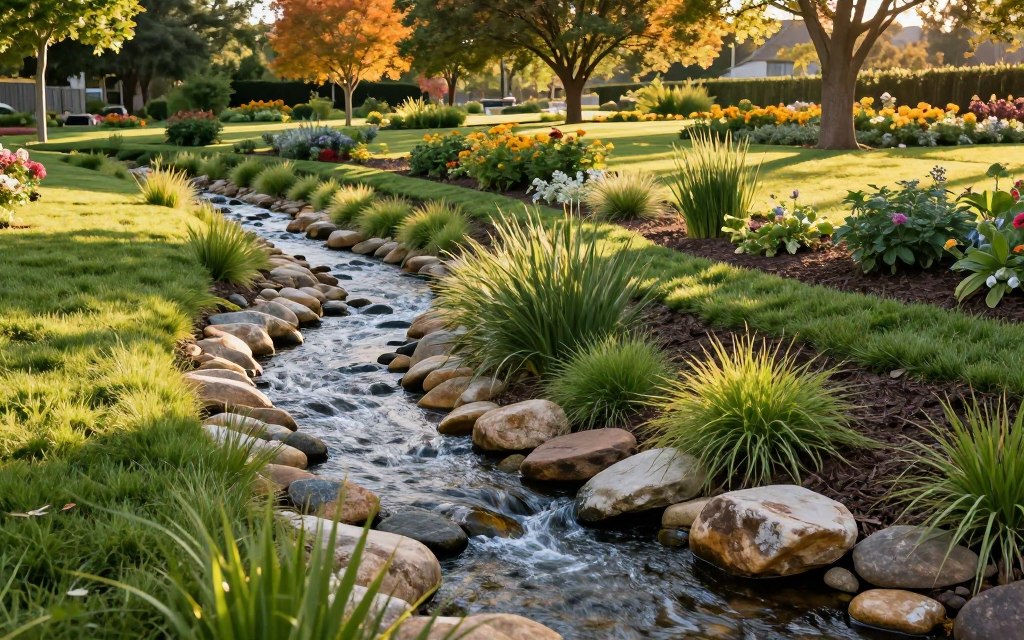 A serene landscape showcasing a landscape-friendly dry creek drainage system. In the foreground, a gently flowing dry creek bed lined with smooth stones and native grasses, adapting harmoniously with the surrounding vegetation. In the middle ground, a series of carefully designed swales with lush green plants and wildflowers, strategically placed to manage water runoff. In the background, a sprawling yard with vibrant trees and well-maintained flower beds bathed in warm, late afternoon sunlight, casting dappled shadows. The scene should evoke a sense of tranquility and environmental harmony, emphasizing sustainable practices in yard drainage. Use a wide-angle lens perspective to capture the depth and flow of the landscape, ensuring the lighting highlights the textures and colors of the plants and soil.