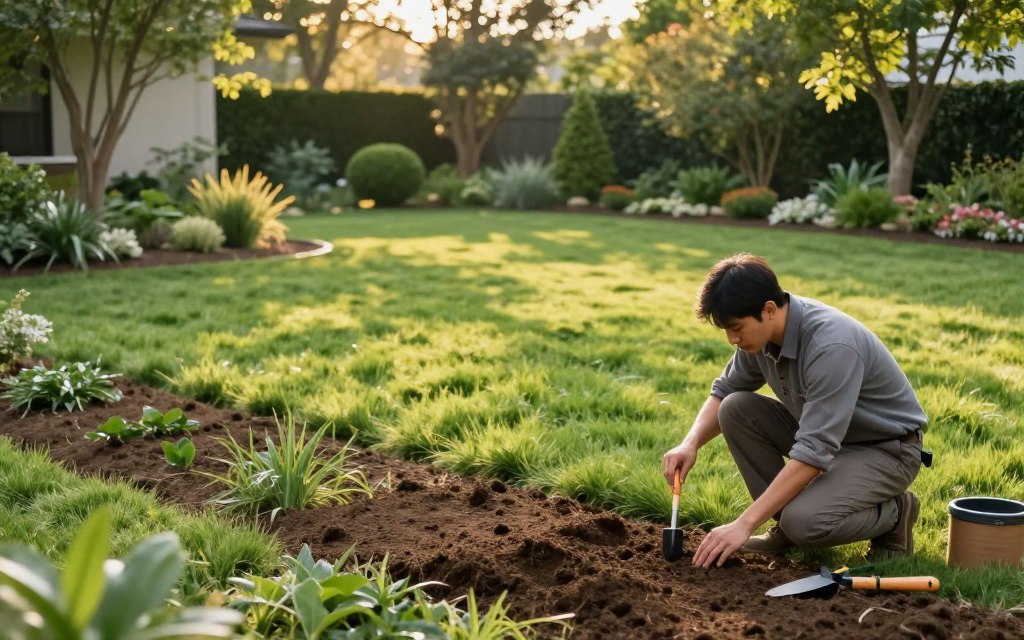 A serene, well-maintained lawn area, showcasing a professional landscape evaluation process for sod installation. In the foreground, a landscape technician dressed in smart casual attire is kneeling, examining the soil with a probe, surrounded by various soil tools like a trowel and moisture meter. The middle ground features a lush, vibrant grass area mixed with patches of bare soil and weeds needing attention. The background introduces a variety of trees and shrubs, gently illuminated by soft, golden sunlight filtering through the leaves, creating a calm and focused atmosphere. The scene is shot from a slightly elevated angle, providing a comprehensive view of the evaluation process while maintaining a warm, inviting feel.