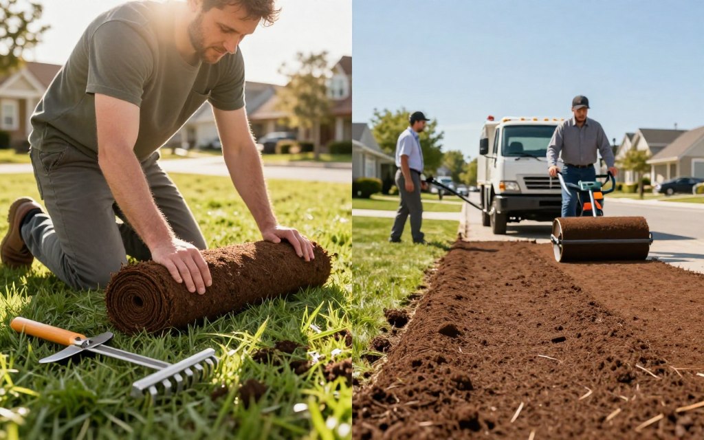 A side-by-side comparison of DIY sod installation versus professional service. On the left side, depict a hardworking individual in modest casual clothing, kneeling on a grassy lawn, carefully rolling out fresh sod, with tools such as a sod cutter and rake nearby. Grass clippings and soil are visible, and the sun is shining brightly overhead, casting soft shadows. On the right side, illustrate a professional landscape crew in business attire, using equipment like a sod truck and a soil roller, expertly laying down rolls of sod in a neat, organized manner. The background features a residential neighborhood with a clear blue sky, emphasizing a productive atmosphere. The lighting is warm, enhancing the inviting feel of the scene.