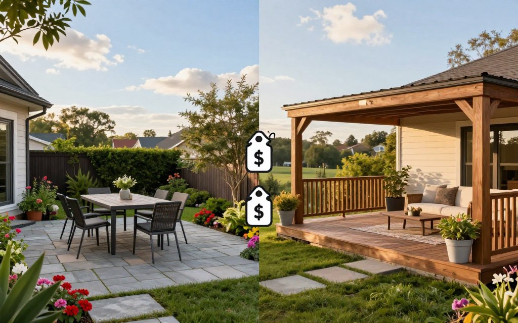 A split image of a patio and deck side by side, showcasing their cost comparison. In the foreground, feature a beautifully designed patio with stone pavers, surrounded by lush greenery and colorful flowers, emphasizing outdoor furniture like a stylish dining set. On the opposite side, depict a wooden deck with elegant railings, adorned with comfortable seating and potted plants, all under soft, warm afternoon sunlight. In the middle, include icons representing costs, like dollar signs or price tags, subtly interwoven between the patio and deck. The background should have a serene suburban landscape, with a clear blue sky and gentle clouds, creating a relaxed and inviting atmosphere. Use a slightly elevated perspective to capture both spaces, ensuring a clean and professional look.