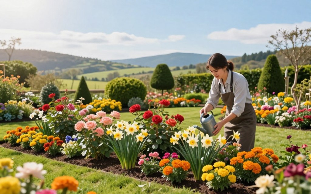 A tranquil landscape scene showcasing a well-maintained garden bed filled with vibrant flowers in bloom, including roses, daffodils, and marigolds. In the foreground, a professional gardener, dressed in smart casual attire, tends to the flowers with a watering can, demonstrating care and attention. The middle ground features neatly trimmed shrubs and small ornamental trees, while the background boasts a serene view of rolling hills under a bright blue sky. The sun casts soft, warm light throughout the scene, enhancing the colors of the flowers and creating a cheerful atmosphere. The composition is captured from a slightly elevated angle, giving a clear view of the diverse plant life and the gardener's expertise in landscape maintenance.