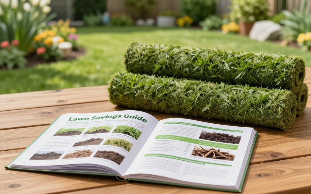 A vibrant and informative image depicting a "Lawn Savings Guide" designed for a home improvement article. In the foreground, a well-organized, visually appealing guidebook featuring detailed graphics of various sod types, installation costs, and practical tips will be open on a wooden table. The middle layer features lush green sod rolls neatly arranged, emphasizing the products discussed. In the background, a tranquil, sunlit garden setting with flowering plants and neatly trimmed grass creates a serene atmosphere, highlighting the value of landscaping. Soft, natural lighting enhances the overall inviting mood. The angle captures the scene from a slight overhead view, inviting viewers to explore the guide and its contents.