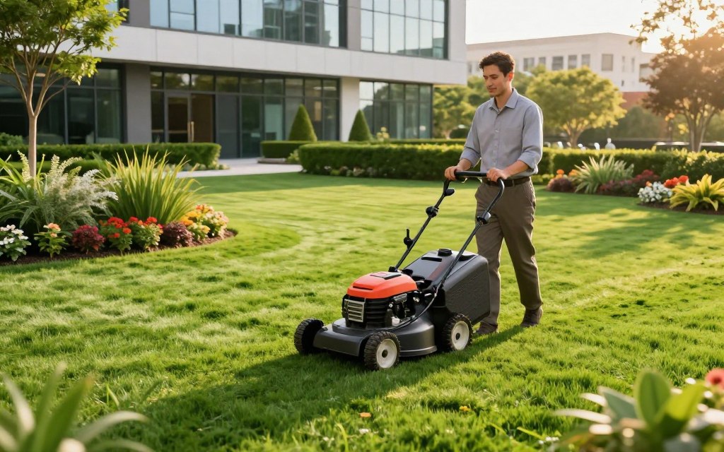 A vibrant commercial lawn care scene depicting lush green turf being meticulously maintained. In the foreground, a professional lawn care technician wearing business casual attire operates a state-of-the-art lawnmower, showcasing their expertise. In the middle ground, a beautifully manicured landscape features a variety of ornamental plants and clean flower beds, illustrating the diversity of commercial properties. The background captures a modern office building with large windows, surrounded by perfectly trimmed hedges and trees. Soft, golden sunlight bathes the scene, casting gentle shadows and highlighting the rich textures of the grass. The atmosphere conveys professionalism and the importance of maintaining pristine outdoor spaces for business environments.