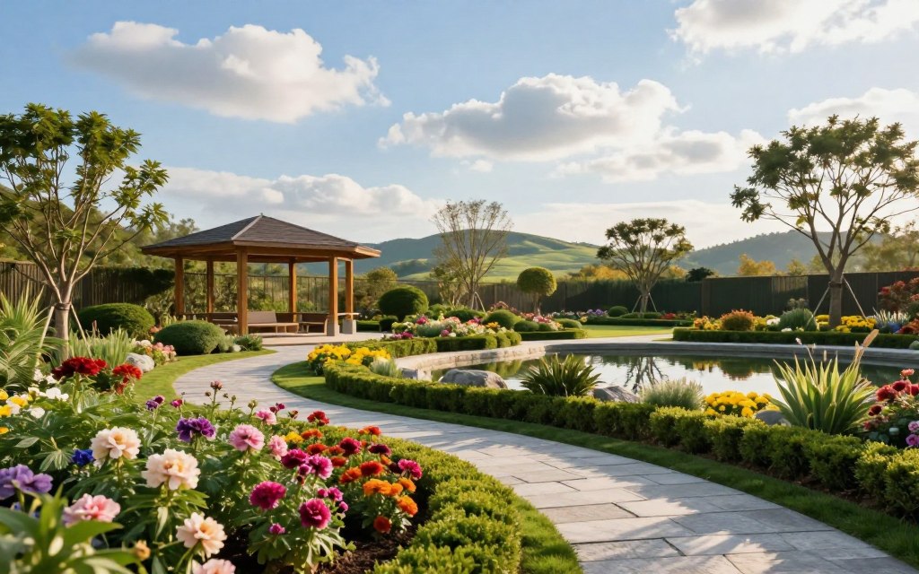 A vibrant outdoor landscape design scene featuring a beautifully manicured garden. In the foreground, colorful flower beds with blooming perennials, neat hedges, and a stone pathway winding through. The middle ground showcases a contemporary gazebo with wooden beams, surrounded by ornamental trees and shrubs, while a small pond reflects the blue sky. In the background, gently rolling hills under a bright, sunny sky with soft white clouds. The lighting is warm and inviting, creating a cheerful atmosphere. Use a wide-angle lens to capture the expanse of space and depth, highlighting the balance between greenery and structural elements. Aim for a tranquil and harmonious mood suitable for showcasing innovative landscape designs. A vibrant outdoor landscape design scene featuring a beautifully manicured garden. In the foreground, colorful flower beds with blooming perennials, neat hedges, and a stone pathway winding through. The middle ground showcases a contemporary gazebo with wooden beams, surrounded by ornamental trees and shrubs, while a small pond reflects the blue sky. In the background, gently rolling hills under a bright, sunny sky with soft white clouds. The lighting is warm and inviting, creating a cheerful atmosphere. Use a wide-angle lens to capture the expanse of space and depth, highlighting the balance between greenery and structural elements. Aim for a tranquil and harmonious mood suitable for showcasing innovative landscape designs.