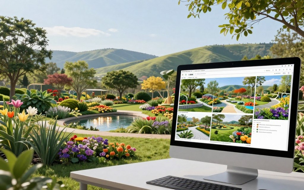 A visionary AI landscape design generator at work, depicted in a serene outdoor setting. In the foreground, a sleek computer interface displays various landscape design options, featuring vibrant plant layouts and innovative garden structures. In the middle ground, a lush garden comes to life with a variety of colorful flowers, trees, and a small pond reflecting sunlight. The background showcases rolling hills under a clear blue sky, with soft, natural lighting that highlights the scene's tranquility. The atmosphere is creative and inspiring, conveying the harmony between technology and nature. The image should capture a sense of innovation and sustainability in landscape design without including any people or text. A visionary AI landscape design generator at work, depicted in a serene outdoor setting. In the foreground, a sleek computer interface displays various landscape design options, featuring vibrant plant layouts and innovative garden structures. In the middle ground, a lush garden comes to life with a variety of colorful flowers, trees, and a small pond reflecting sunlight. The background showcases rolling hills under a clear blue sky, with soft, natural lighting that highlights the scene's tranquility. The atmosphere is creative and inspiring, conveying the harmony between technology and nature. The image should capture a sense of innovation and sustainability in landscape design without including any people or text.