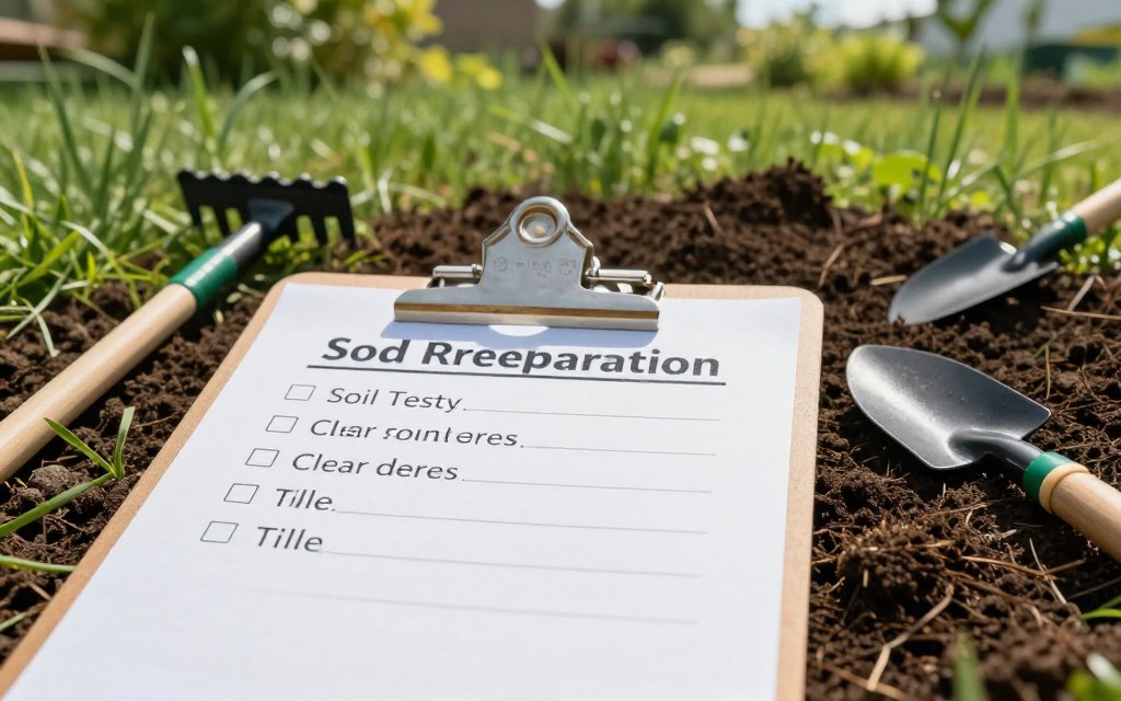 A visually appealing checklist for sod soil preparation, featuring a detailed layout. In the foreground, include a wooden clipboard with a neatly organized, bulleted list highlighting critical steps like soil testing, clearing debris, and tilling. The middle layer shows scattered garden tools such as a rake, shovel, and soil thermometer positioned artfully around the clipboard. In the background, depict a lush green garden area under bright, natural sunlight, showcasing healthy grass and well-prepared soil. Capture the essence of meticulous preparation in a tranquil and inviting atmosphere, using soft focus on the background while keeping the checklist in sharp clarity. Aim for a professional and informative vibe without any text overlays or distractions.