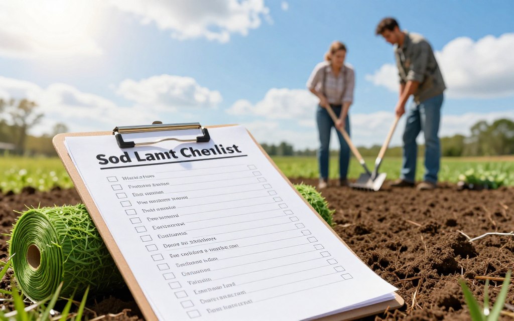 A visually striking checklist for sod laying and lawn installation, designed with a bright, sunny outdoor scene in the background. In the foreground, a neatly organized checklist on a clipboard rests on a patch of freshly tilled soil, with green grass rolls nearby, ready for installation. The checklist features clearly marked tasks with checkboxes awaiting completion. In the middle ground, a pair of professionals in casual work attire are focused on preparing the soil, one with a shovel and the other with a rake, showcasing teamwork. The background captures a vibrant blue sky with fluffy white clouds, enhancing the overall brightness of the scene. Soft sunlight filters through, creating a warm and inviting atmosphere, while a slight depth of field emphasizes the checklist.