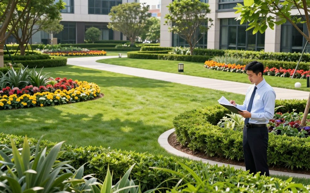 A well-maintained commercial property landscape, showcasing a variety of vibrant green lawns, meticulously trimmed hedges, and colorful flowerbeds, immediately grabs attention. In the foreground, a professional landscaper in smart business attire checks an arboretum plan on a tablet, surrounded by lush greenery. The middle ground features a series of clearly defined walking paths bordered by blooming annuals and perennials. In the background, the architecture of a modern office building hints at the commercial nature of the property, framed by tall trees that provide shade and visual interest. The scene is set in bright daylight, with soft shadows casting across the lawn, creating a welcoming and vibrant atmosphere. The overall mood conveys expertise and professionalism in commercial landscaping.