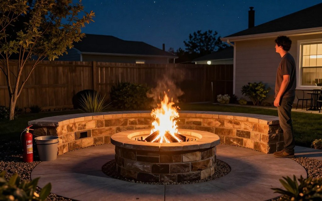 A well-organized backyard scene featuring a safe and properly constructed fire pit. In the foreground, show a stone or brick fire pit surrounded by a gravel or concrete patio, with a fire burning safely within. Include safety equipment like a fire extinguisher and a bucket of sand nearby. In the middle ground, present a clear night sky with stars, providing a cozy atmosphere. Add landscaping elements like bushes or trees, ensuring adequate space around the fire pit. The lighting should be warm and inviting, cast from the fire's glow, creating a feeling of safety and comfort. Include a homeowner in modest casual clothing, observing the fire pit, emphasizing safety measures like distance from flammable materials. Ensure the entire scene promotes a sense of secure and controlled outdoor enjoyment.