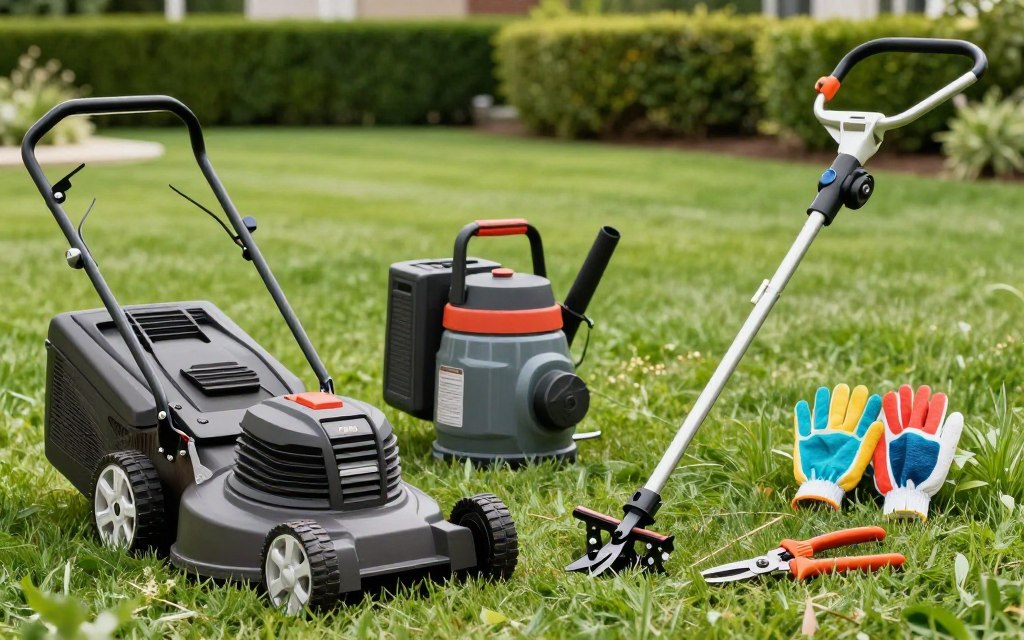 A well-organized display of essential lawn care equipment for a lawn maintenance business. In the foreground, feature a sleek, professional lawn mower with sharp blades, a sturdy gas-powered trimmer, and a pair of pruning shears resting on a grassy surface. In the middle ground, include a backpack blower and a set of colorful garden gloves, creating a practical and inviting scene. In the background, a slightly blurred, manicured lawn with vibrant green grass and a neatly trimmed hedge conveys a sense of professionalism. The lighting is bright and natural, emulating a sunny day, while the camera angle is slightly elevated, giving a comprehensive view of the equipment. The mood is energetic and aspirational, ideal for budding entrepreneurs in the lawn care industry.