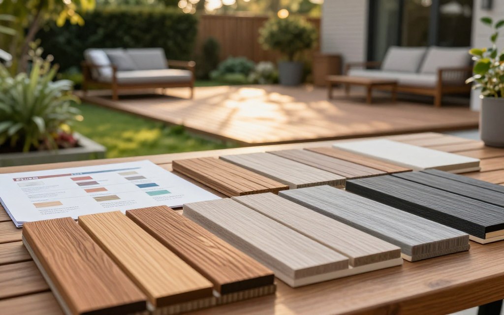 A well-organized display of various deck material options, featuring a close-up foreground of textured wood, composite materials, and vinyl samples arranged artfully on a wooden table. In the middle ground, include a comparison chart showcasing the pros and cons of each material type, subtly indicated by color-coded labels or icons. The background should show a lush garden setting with a beautifully constructed deck in warm, natural lighting, reflecting a serene outdoor atmosphere. Use a slightly blurred depth of field to emphasize the materials while maintaining focus on the inviting deck scenery. The image should convey a sense of tranquility and inspiration, ideal for readers exploring outdoor living possibilities.