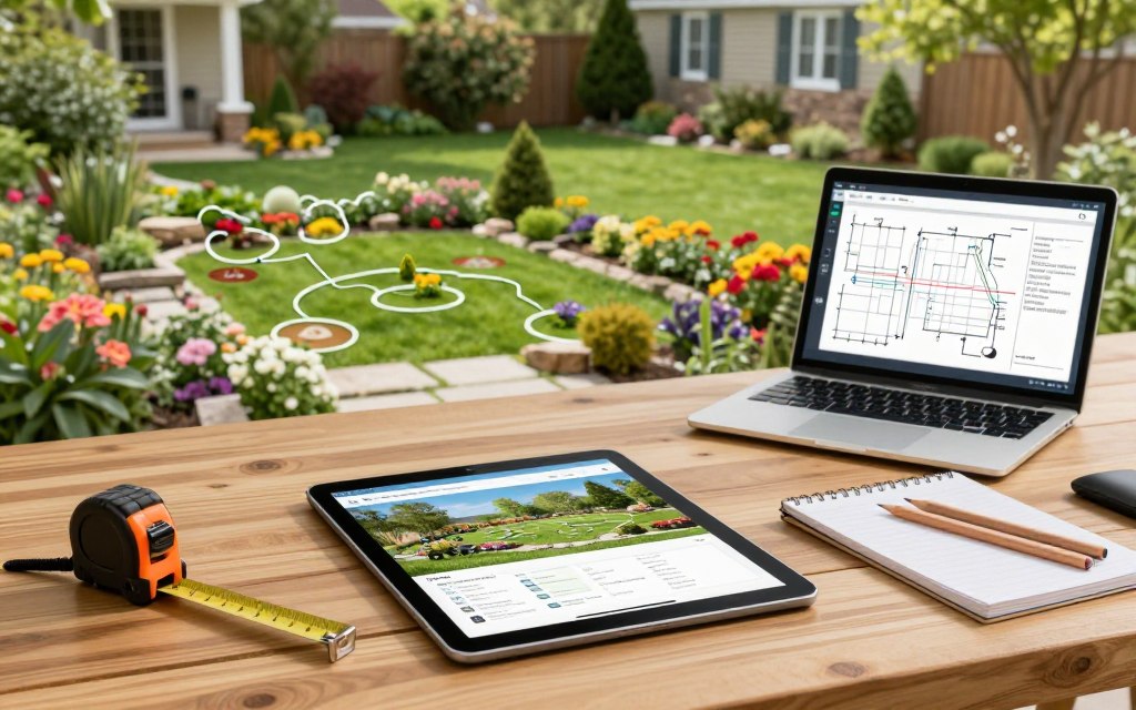 A well-organized homeowner's yard planning scene featuring various design tools and apps. In the foreground, a wooden table displays a digital tablet with a landscape design app open, surrounded by traditional tools like a measuring tape, sketch pad, and colored pencils. The middle ground showcases a vibrant, lush garden plan laid out with flower and shrub placements, alongside a laptop displaying irrigation plans. The background features a sunny suburban yard with a well-maintained lawn, trees, and flowering plants, creating an inviting atmosphere. Soft, natural lighting illuminates the scene, enhancing colors and textures, evoking a mood of creativity and inspiration. A perspective angle captures the tools in detailed focus, emphasizing their usability for homeowners. A well-organized homeowner's yard planning scene featuring various design tools and apps. In the foreground, a wooden table displays a digital tablet with a landscape design app open, surrounded by traditional tools like a measuring tape, sketch pad, and colored pencils. The middle ground showcases a vibrant, lush garden plan laid out with flower and shrub placements, alongside a laptop displaying irrigation plans. The background features a sunny suburban yard with a well-maintained lawn, trees, and flowering plants, creating an inviting atmosphere. Soft, natural lighting illuminates the scene, enhancing colors and textures, evoking a mood of creativity and inspiration. A perspective angle captures the tools in detailed focus, emphasizing their usability for homeowners.