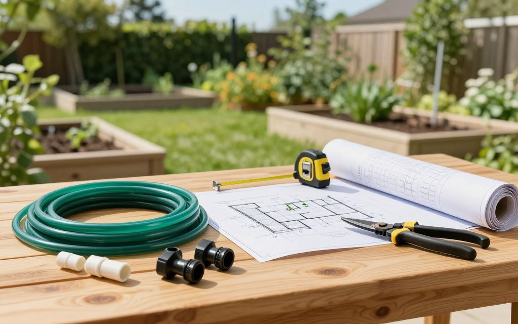 A well-organized workspace showcasing the preparation for a DIY irrigation system installation. In the foreground, a clean, wooden table displays various supplies: coils of drip tubing, sturdy connectors, a roll of landscape fabric, and pruning shears, all neatly arranged. In the middle ground, a blueprint of the garden layout is partially visible, with handwritten notes and a measuring tape beside it. A garden in the background, lush and green, features raised beds and a sunny sky. Natural daylight pours in, illuminating the setup and creating soft shadows. The mood is industrious yet relaxed, capturing the essence of hands-on gardening projects. The scene is devoid of any text or human figures, focusing entirely on the tools and preparation needed for an effective irrigation installation.