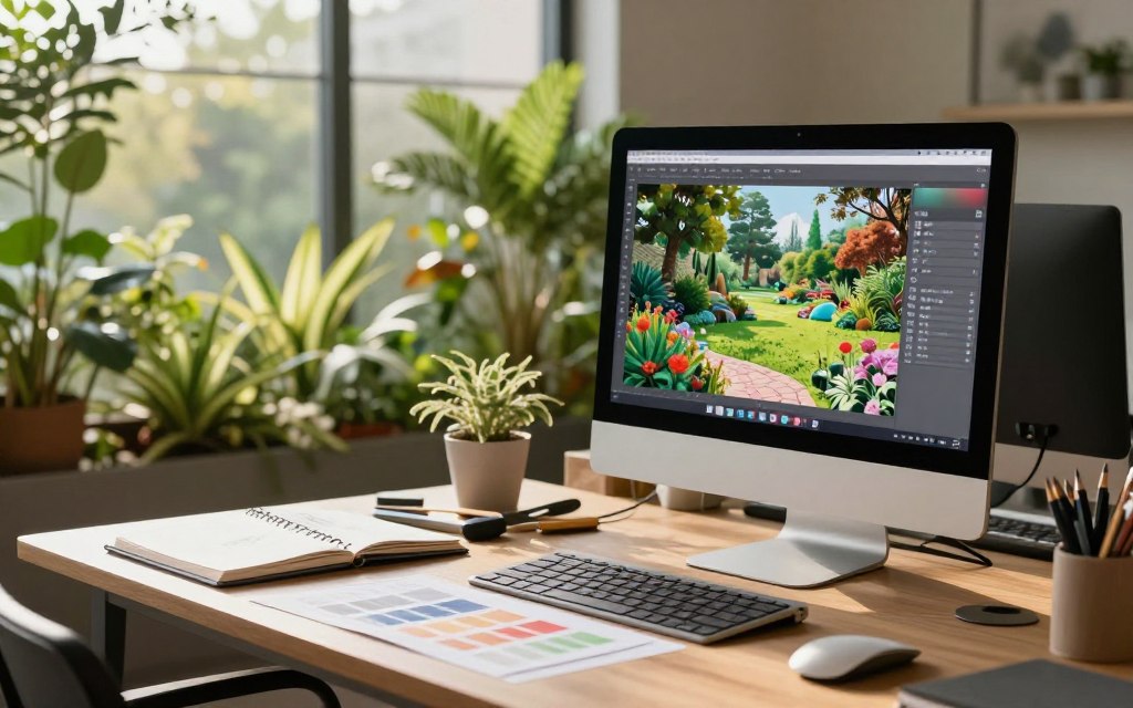 An aesthetically pleasing landscape design tool setup, featuring a sleek computer workstation in the foreground displaying a vibrant garden design software interface. Surrounding the computer are sketchbooks, color swatches, and drafting tools, illustrating the creative process. In the middle ground, a lush indoor garden with carefully arranged plants creates a harmonious atmosphere. The background showcases a large window with natural sunlight streaming in, enhancing the vibrant colors of the scene. The room exudes a productive yet calming mood, ideal for inspiration. The lighting is soft and warm, casting gentle shadows and highlighting the details of the workspace. A slight depth of field adds focus to the design tools while blurring the background elements, creating an inviting and professional setting for landscape design. An aesthetically pleasing landscape design tool setup, featuring a sleek computer workstation in the foreground displaying a vibrant garden design software interface. Surrounding the computer are sketchbooks, color swatches, and drafting tools, illustrating the creative process. In the middle ground, a lush indoor garden with carefully arranged plants creates a harmonious atmosphere. The background showcases a large window with natural sunlight streaming in, enhancing the vibrant colors of the scene. The room exudes a productive yet calming mood, ideal for inspiration. The lighting is soft and warm, casting gentle shadows and highlighting the details of the workspace. A slight depth of field adds focus to the design tools while blurring the background elements, creating an inviting and professional setting for landscape design.