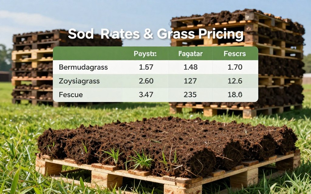 An informative image illustrating cost sod installation, focusing on neatly stacked pallets of sod in a vibrant green landscape. In the foreground, a close-up of a freshly rolled pallet of sod is shown, with visible soil texture and grass blades. In the middle, a table displaying pricing information for different grass types, featuring labels like "Bermudagrass," "Zoysiagrass," and "Fescue," subtly layered amidst the pallets. The background features a sunny day with a clear blue sky, casting natural light on the scene and allowing shadows to emphasize the depth of the pallets. The mood is professional and educational, perfect for illustrating the section on sod installation costs, encouraging viewers to consider their options thoughtfully.