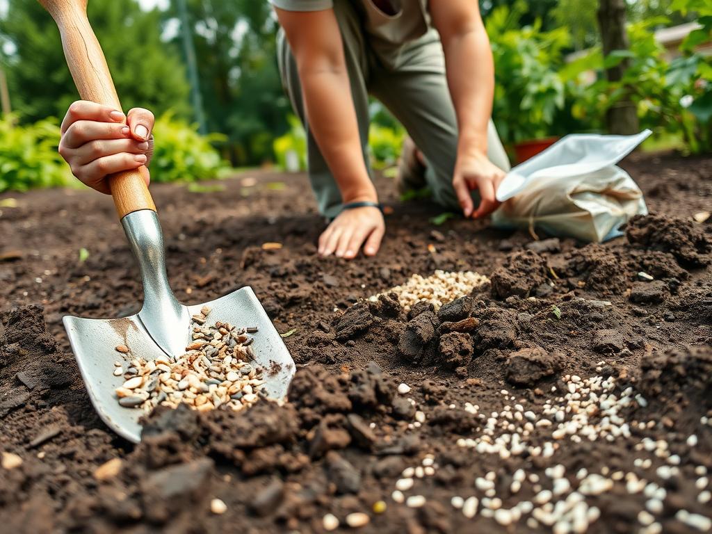A close-up view of a gardener in modest casual clothing, kneeling on rich, dark clay soil, actively amending it for better drainage with inorganic materials like gravel, sand, and perlite. The foreground features a shovel and bags of drainage amendments, with the gardener's focused expression captured in natural sunlight. In the middle ground, freshly mixed soil exhibits a texture with visible particles, highlighting the amendments being integrated. The background includes lush green plants and trees, suggesting a healthy garden environment. Soft, diffused lighting enhances the earthy tones and creates a welcoming atmosphere, evoking a sense of diligence and care in the gardening process. The angle is slightly elevated, offering a comprehensive view of the task at hand.