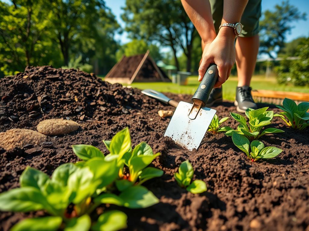 A close-up view of a gardener using a hand trowel to aerate clay soil, enhancing drainage. In the foreground, vibrant green plants surround the neatly turned soil, revealing the dark, crumbly texture of freshly amended earth. The middle ground features a compost pile and soil amendments like sand and organic matter scattered around, with tools placed nearby. In the background, a sunny garden scene shows trees and a blue sky, creating an inviting atmosphere. The scene is well-lit with warm sunlight filtering through the greenery, casting soft shadows and highlighting the gardener’s focused expression as they work diligently. The image conveys a sense of care for nature and the process of improving soil health.