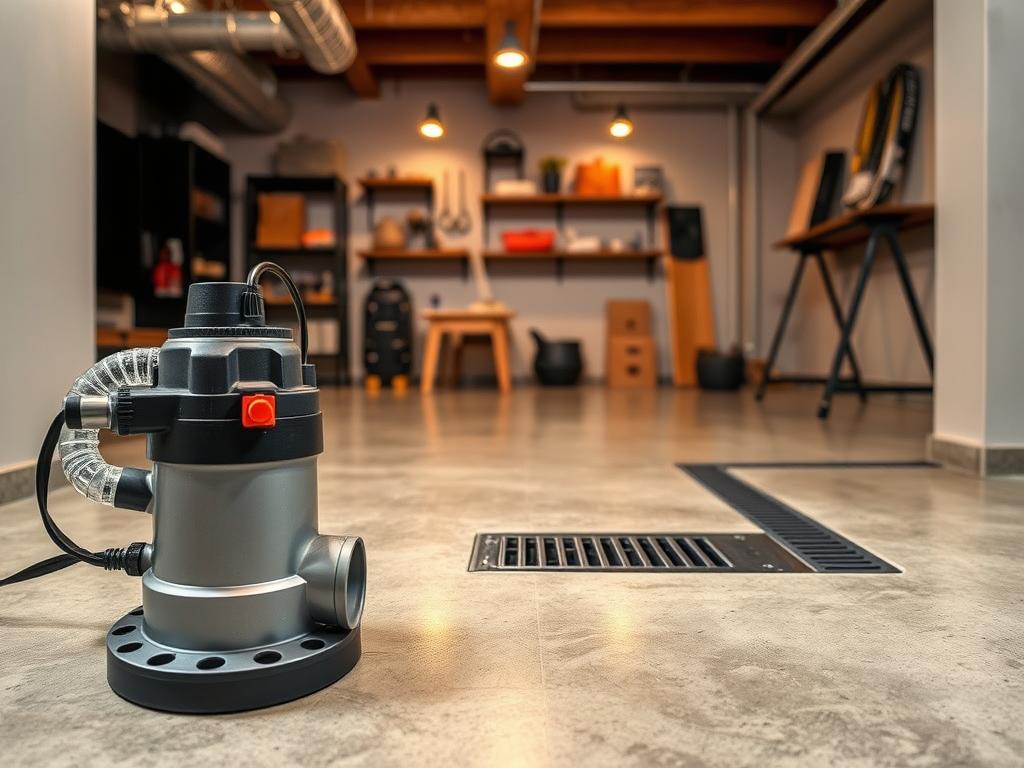 A close-up view of various common interior drainage solutions showcased in a modern basement setting. In the foreground, depict a well-designed sump pump with clear pipes and a float switch. In the middle ground, illustrate floor drain systems integrated into a polished concrete floor, with sleek drainage channels. Include moisture barriers and French drains subtly visible along the walls. The background can feature a finished basement area with shelves and tools, softly illuminated by warm overhead lights, creating a cozy yet functional atmosphere. Use a wide-angle lens to capture the full scene, emphasizing depth and detail, while maintaining a clean and professional look throughout.
