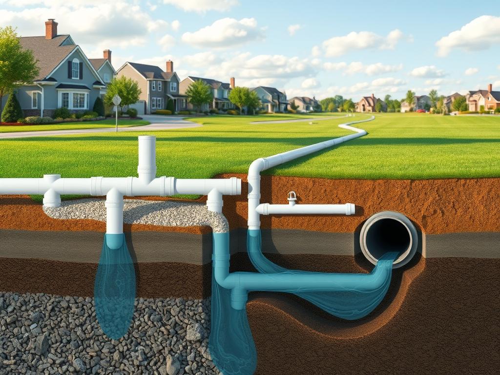 A detailed illustration of a modern drainage system, featuring various components such as pipes, gutters, and an underground catchment area. In the foreground, a cross-section view shows the layered structure of the ground, revealing gravel, soil, and water flow. The middle ground displays connected PVC pipes and drainage channels flowing towards a storm drain, with natural vegetation surrounding the area. In the background, a suburban landscape with well-maintained lawns and light cloud cover exists, under soft morning sunlight casting gentle shadows. The image should evoke a sense of functionality and environmental harmony, showcasing the importance of drainage systems in managing water effectively. The perspective should be slightly elevated, giving a clear view of the system's layout and integration with the landscape.