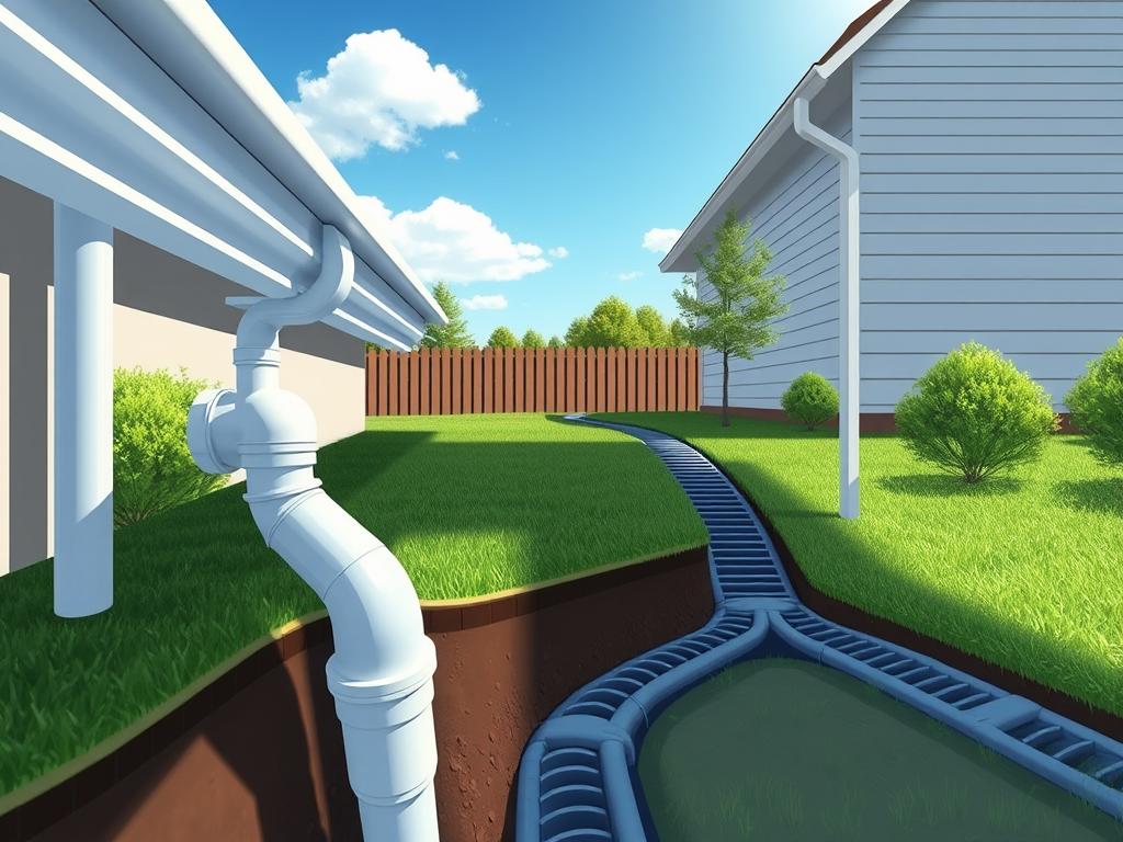 A detailed illustration of a modern drainage system in a typical Georgia yard. In the foreground, showcase well-maintained gutters and downspouts directing rainwater into an underground drainage pipe. The middle ground features a small, gently sloping landscape with a lush, green lawn, with strategically placed drainage channels to manage excess water efficiently. In the background, depict a sunny blue sky with a few fluffy clouds, creating a bright and inviting atmosphere, while subtle shadows enhance the dimensionality of the scene. Use a wide-angle lens perspective for a comprehensive view, ensuring the various elements of the drainage system are clearly visible and scientifically accurate, reflecting the importance of effective drainage solutions in Georgia landscapes.