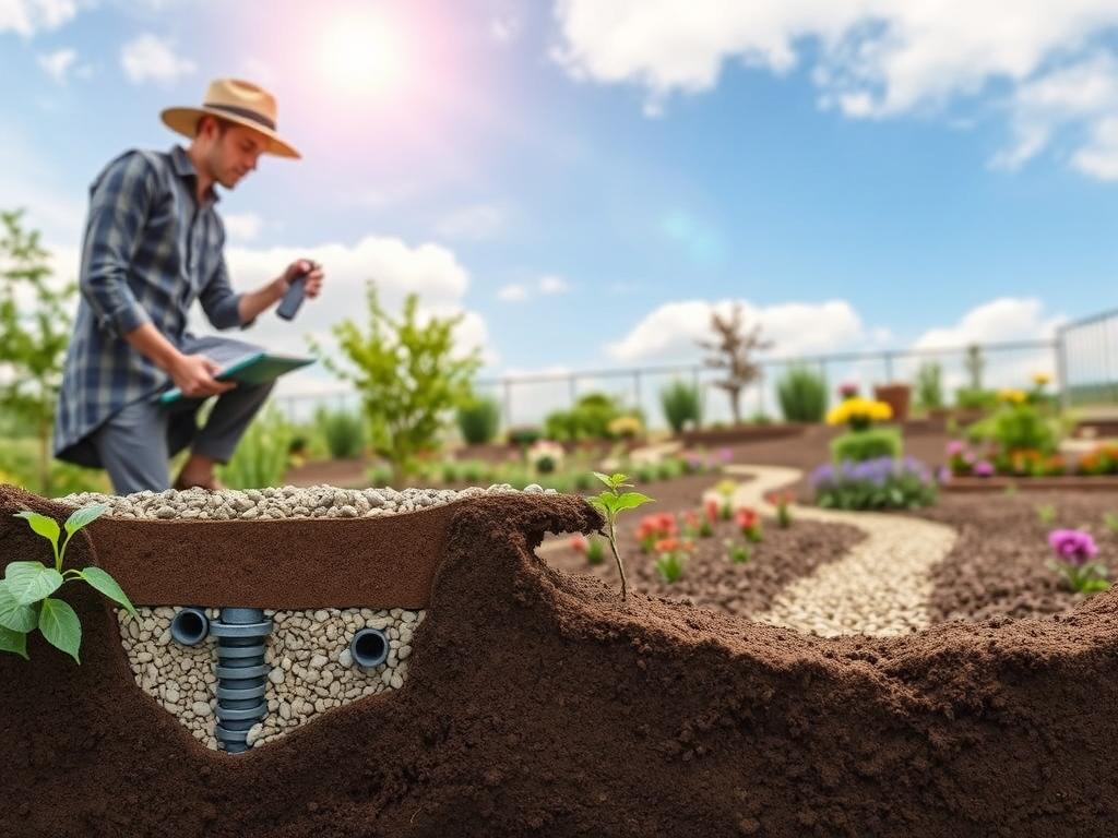 A detailed illustration of soil drainage solutions focused on a landscaped garden setting. In the foreground, a professional landscape architect in smart casual attire examines a cross-section of clay soil, showcasing a structured drainage system with perforated pipes and gravel layers. In the middle ground, a variety of effective drainage solutions, such as raised garden beds and swales, blend harmoniously with colorful plants and flowers. The background features a serene blue sky with soft white clouds and a subtle sunbeam illuminating the scene, creating a peaceful atmosphere. Capture vivid textures of the soil and plants, using a slightly angled aerial perspective to highlight the drainage techniques effectively, ensuring a warm and inviting mood.