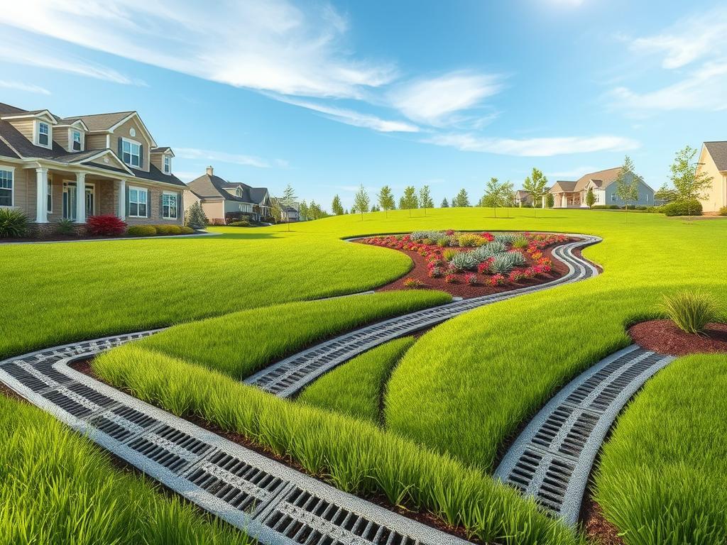 A detailed illustration of surface water drainage systems in a suburban landscape. In the foreground, showcase a series of aesthetic drainage channels with intricate grates, surrounded by lush grass and decorative plants. The middle ground features a gently sloping yard with a well-defined drainage path leading to an organized rain garden, filled with native Georgia plants. In the background, depict a clear blue sky with soft, diffused sunlight casting gentle shadows. Use a wide-angle perspective to capture the expansive layout, emphasizing the functional design while maintaining a serene atmosphere. Ensure a crisp, realistic quality that highlights the importance of effective drainage systems in landscape architecture.