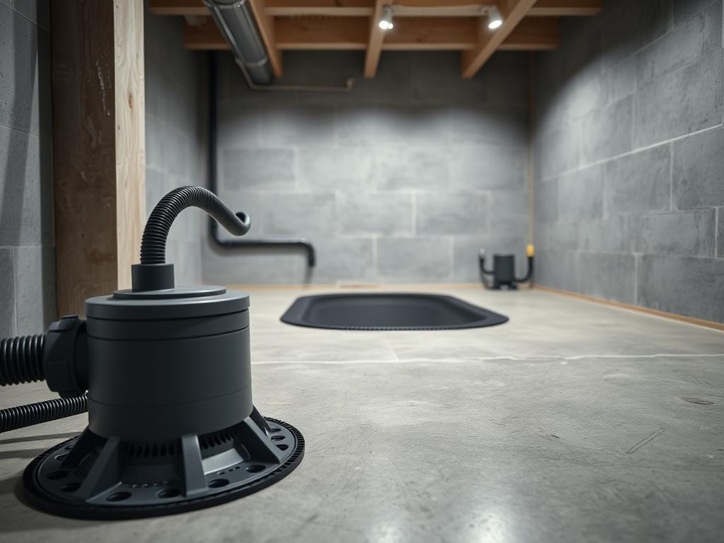 A detailed interior drainage system installed in a modern basement. In the foreground, showcase a close-up of a well-designed sump pump with hoses connected to a perforated drain pipe. The middle ground features the system integrated into a polished concrete floor, with adjacent walls displaying water-resistant insulation. In the background, soft ambient lighting highlights the contours of the space, creating a clean and organized atmosphere. Use a wide-angle lens to capture the entire setup, emphasizing the functionality and efficiency of the system. The mood should be professional and informative, suitable for an educational context on home improvement.