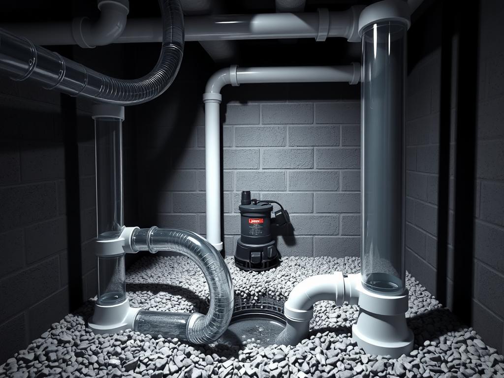 A detailed interior drainage system showcased within a home basement. In the foreground, clear PVC pipes twist elegantly, directing water flow toward a sump pit, with a focus on the joins and fittings. In the middle ground, a sump pump is prominently displayed next to moisture-resistant walls, surrounded by gravel to enhance drainage efficiency. The background features dim lighting that simulates a realistic basement atmosphere, with shadows playing along the walls to create depth. The overall mood is technical and informative, emphasizing the functionality and importance of an interior drainage system for moisture management. The angle captures a comprehensive view of the setup, making it both educational and visually engaging.