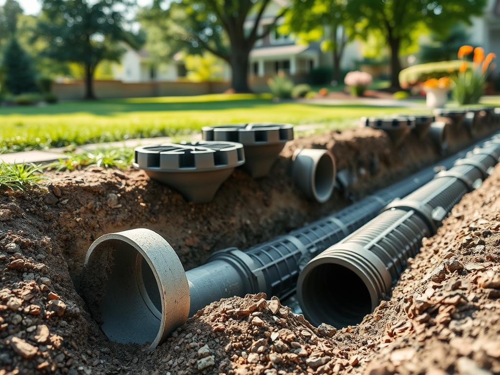 A detailed view of an underground drainage system, showcasing a network of pipes and culverts that efficiently channel water away from a yard. The foreground features a close-up of a typical drainage pipe, partially buried in soil with visible gravel around it. In the middle ground, various types of drainage elements like catch basins and French drains are arranged thoughtfully, highlighting the different installation methods. The background includes a suburban yard, depicting a well-maintained landscape with grass and decorative plants, illustrating the importance of drainage in preventing water pooling. The scene is well-lit with natural sunlight filtering through trees, creating a serene and professional atmosphere. The angle emphasizes the structured complexity of the drainage system, making it both informative and visually engaging.
