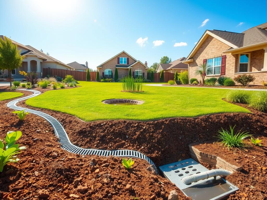 A picturesque suburban yard illustrating effective drainage solutions, featuring a gently sloping landscape with different drainage systems like French drains and rain gardens. In the foreground, showcase well-maintained soil and vibrant plant life, with a visible drainage system integrating seamlessly into the yard. The middle ground includes a small pond collecting rainwater, surrounded by lush greenery, highlighting the importance of drainage management. The background features a clear blue sky with soft, natural sunlight filtering through, creating a bright and welcoming atmosphere. The scene conveys the message of efficient water management in residential landscaping, focusing on the beauty and necessity of proper drainage solutions. Use a wide-angle lens to capture the expansive view and enhance the inviting feel of the yard.