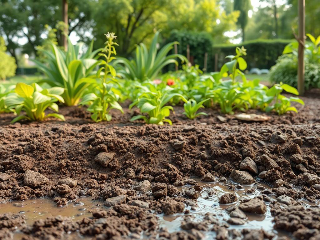 A vibrant garden scene showcasing clear signs of poor drainage, with soil pooling in low spots and wilting plants. In the foreground, a patch of muddy, compacted clay soil with visible water accumulation, rich in texture. The middle ground features struggling plants—yellowing leaves and stunted growth—highlighting the impact of inadequate drainage. In the background, a slightly elevated area shows a healthy garden with flourishing greenery, creating a stark contrast. Soft, natural lighting filters through the trees, emphasizing the moisture on the soil. Capture this image from a slightly elevated angle to provide a comprehensive view of the problems associated with clay soil drainage, creating a mood that reflects concern for the garden's health.
