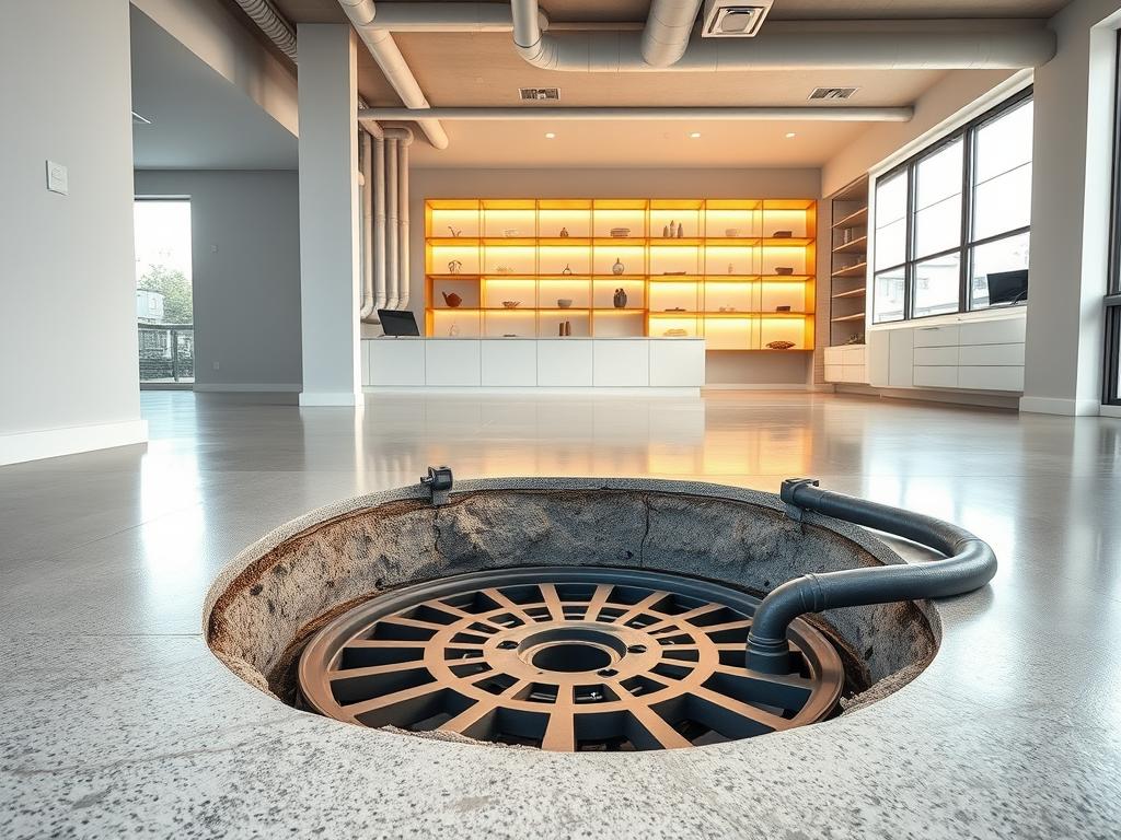 A visually striking representation of an interior drainage system in a modern home basement. Foreground features a partially exposed drain surrounded by polished concrete, with an emphasis on water sensors and sump pump equipment. The middle area displays pipes seamlessly integrated into the walls, showing meticulous installation with minimal disruption to the interior design. The background reveals a bright, well-lit space with large windows allowing natural light to illuminate sleek shelving and storage solutions. Light reflects off the clean surfaces, highlighting a professional atmosphere. Use soft, warm lighting to create a welcoming mood, while keeping the angle slightly elevated to capture depth in the architecture. The scene conveys innovation and efficiency in home water management.