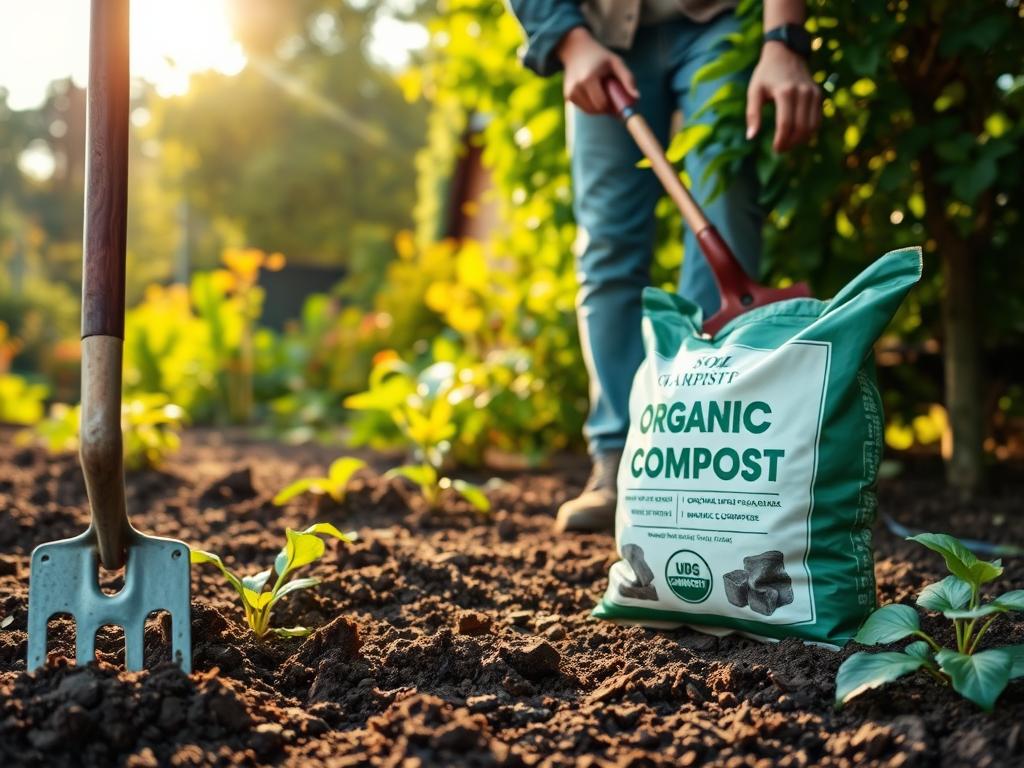 A well-equipped garden scene illustrating the process of enhancing soil drainage. In the foreground, showcase a set of essential tools: a sturdy garden fork, a trowel, and a bag of organic compost, all positioned on rich, dark clay soil. In the middle ground, depict a gardener wearing modest casual clothing, diligently using the fork to aerate the soil, with compost being mixed in. The background features a lush green garden with vibrant plants and trees, bathed in warm, golden sunlight filtering through the leaves. Capture a balanced composition from a slightly elevated angle, emphasizing the dynamic action of soil amendment and the thriving garden atmosphere. The overall mood is one of productivity and growth, inspiring healthy gardening practices.