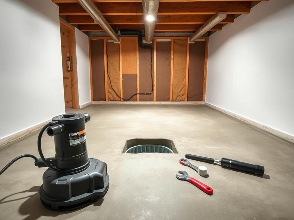 A well-lit, spacious basement interior showcasing an efficient interior drainage system. In the foreground, detailed components such as a sump pump and drainage pipes, neatly arranged and connected to the floor. The middle ground features a smooth concrete floor with a slight incline toward the drainage area, alongside tools for maintenance like a wrench and a flashlight. Behind, a partially finished wall reveals insulation and moisture-resistant materials, emphasizing a professional installation. Soft overhead lighting creates a warm and inviting atmosphere, highlighting the importance of proper maintenance. The angle is slightly elevated, providing a comprehensive view of the entire setup, ensuring clarity on how to maintain an interior drainage system effectively. The overall mood is informative and organized, capturing the essence of good home care.
